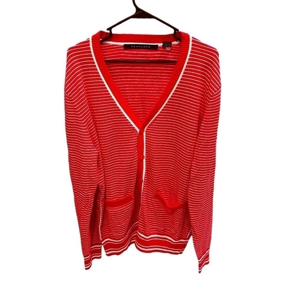 Sean John Women's Cardigan Sweater Preppy Size XL Red & White Stripe Button Up - Picture 1 of 3